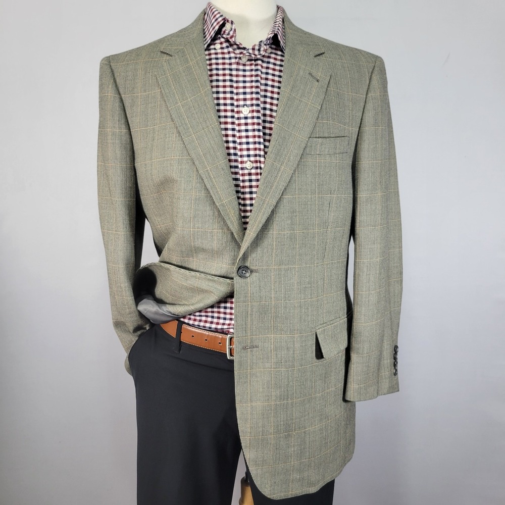 JOS A BANK‎ Men's Sport Coat Blazer Two Button Beige Plaid Silk Wool Size 41L